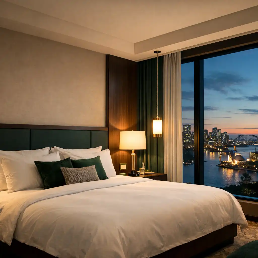 Premium hotel room at Ace Fold Casino Resort with a king bed and floor-to-ceiling windows overlooking Sydney at dusk
