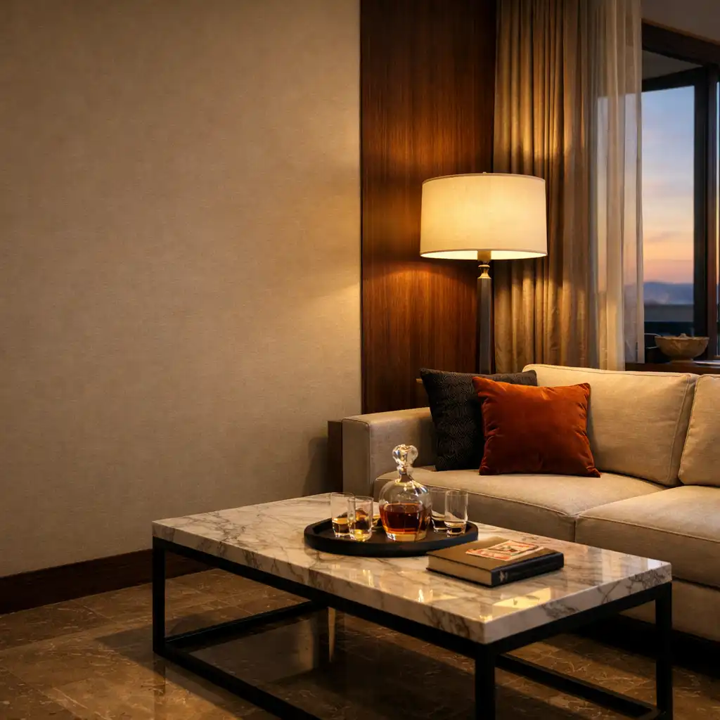 Seating area in a premium Ace Fold room with a modern sofa, marble coffee table, and large windows with sheer curtains