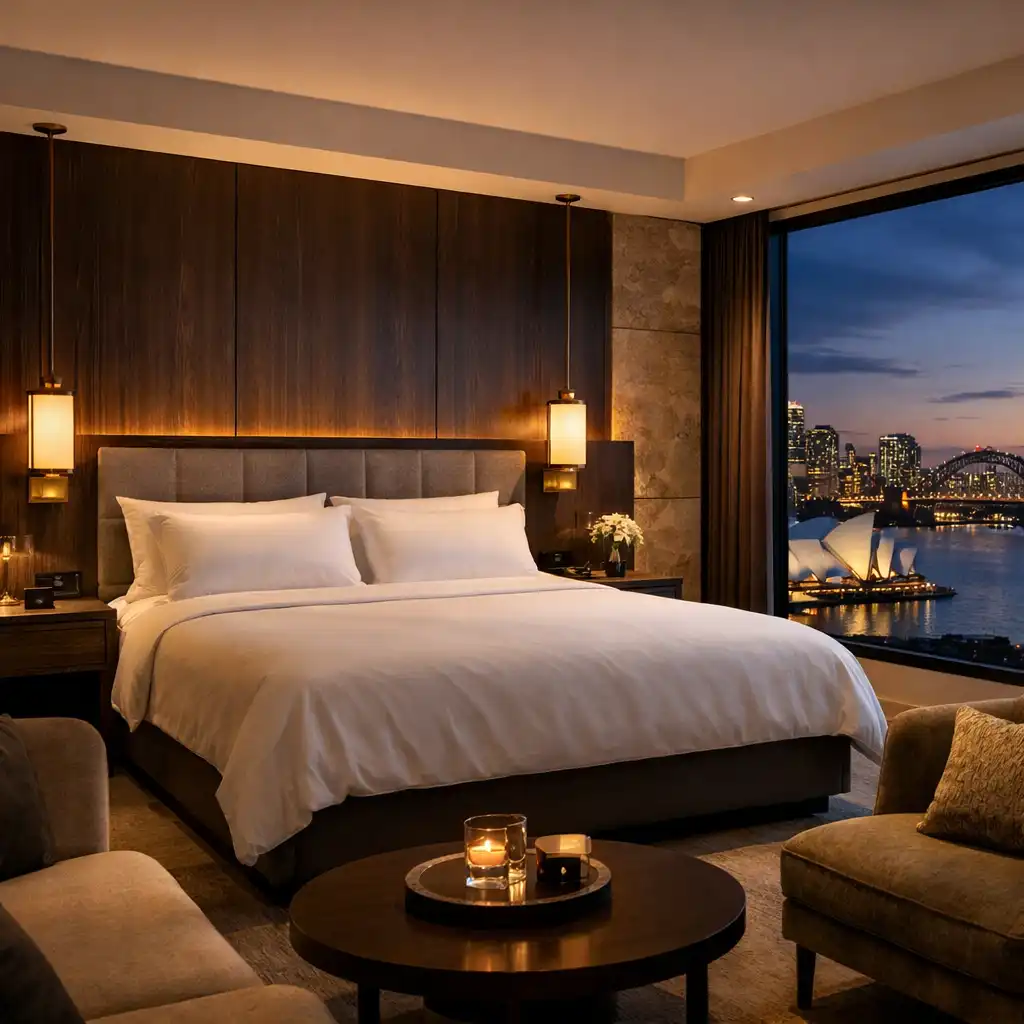 Premium hotel suite with king bed, dark timber panelling, and a view of the Sydney cityscape at twilight
