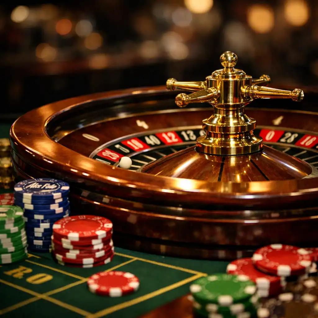 Detail shot of a roulette wheel and chips on a casino table