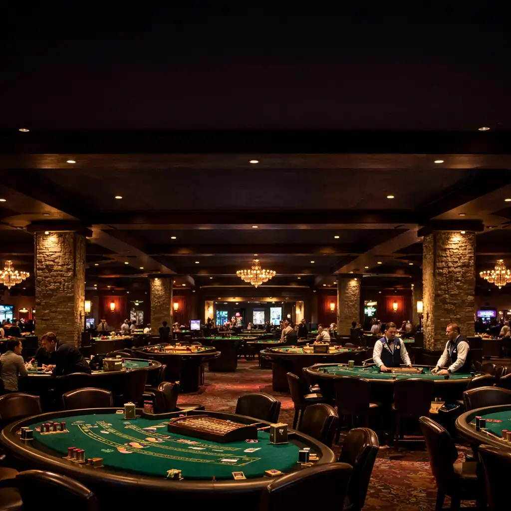 Wide view of the physical casino floor with blackjack and roulette tables, dark ceilings, and elegant lighting