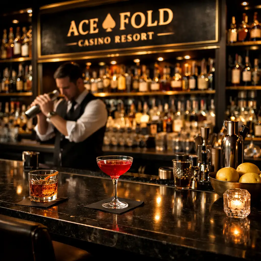 Cocktail bar with dark stone bar top, backlit shelves of spirits, and brass accents