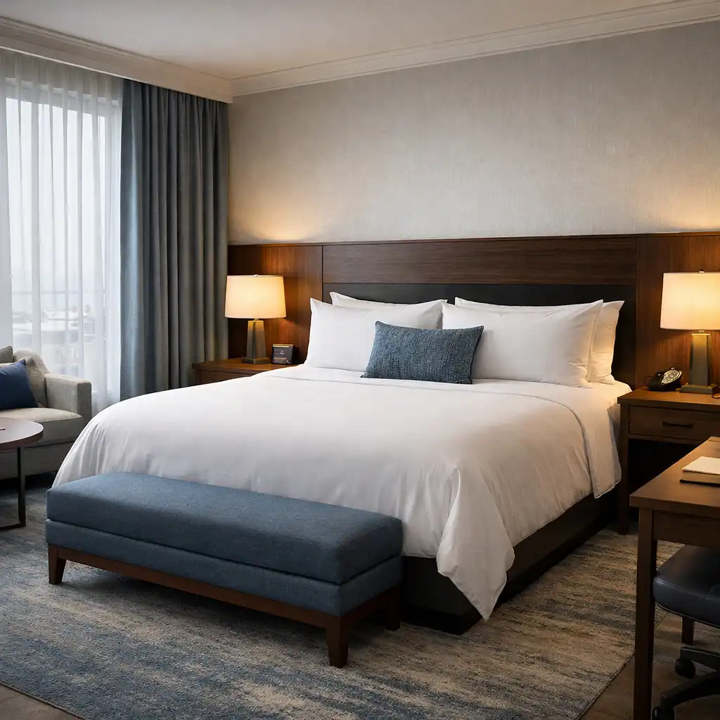 Contemporary guest room with king bed, dark wood headboard, and harbour-inspired blue-grey accents