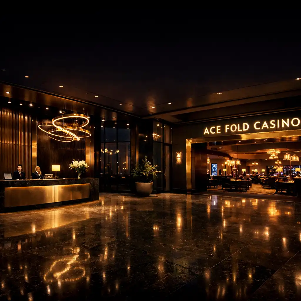 Night view of the Ace Fold Casino Resort lobby and casino entrance with dark glass, stone floors, and warm brass lighting