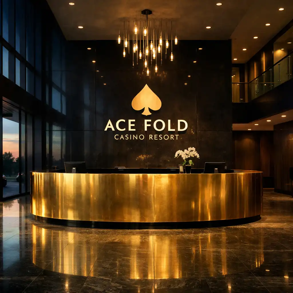 Double-height lobby with dark glass walls, polished stone floors, and a large brass reception desk