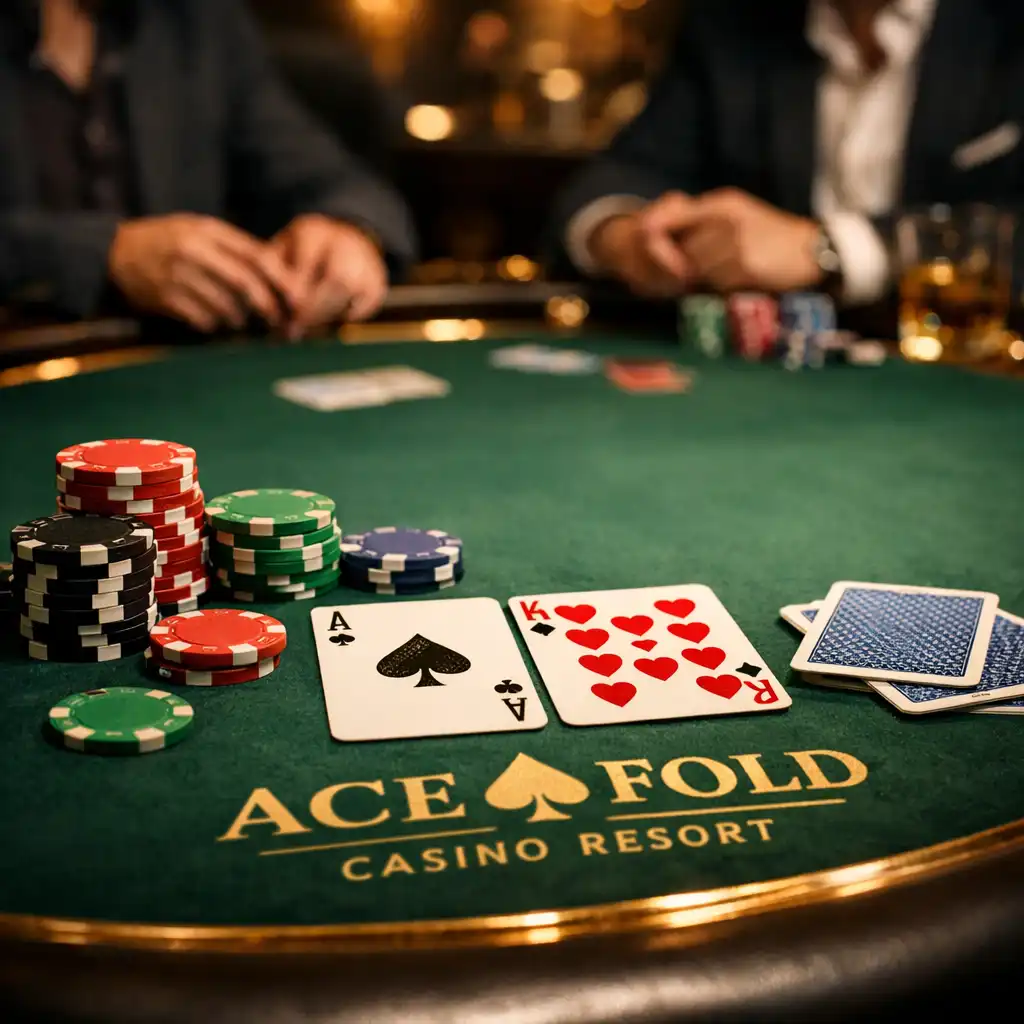 Close-up of a poker table with green felt, cards, and chips in the foreground