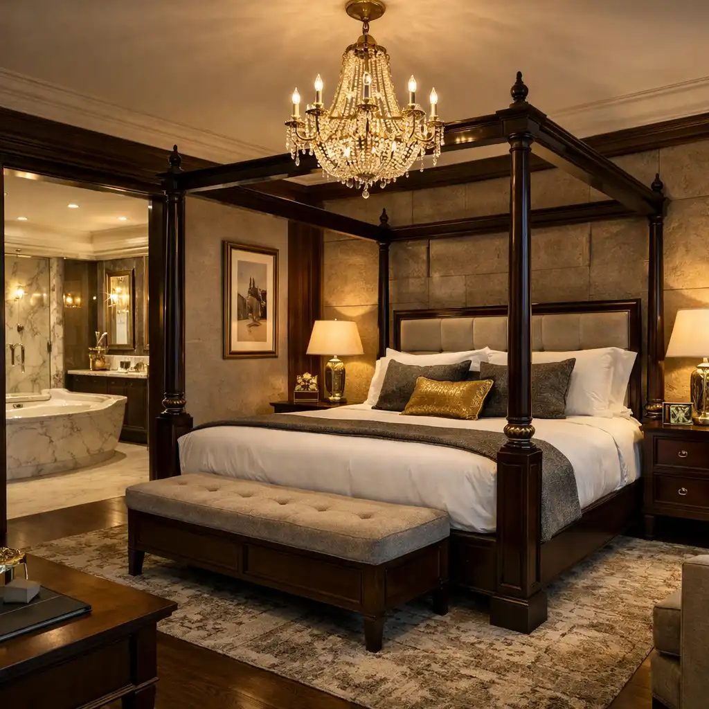Premium suite with four-poster bed, elegant furnishings, and marble bathroom visible through an open doorway