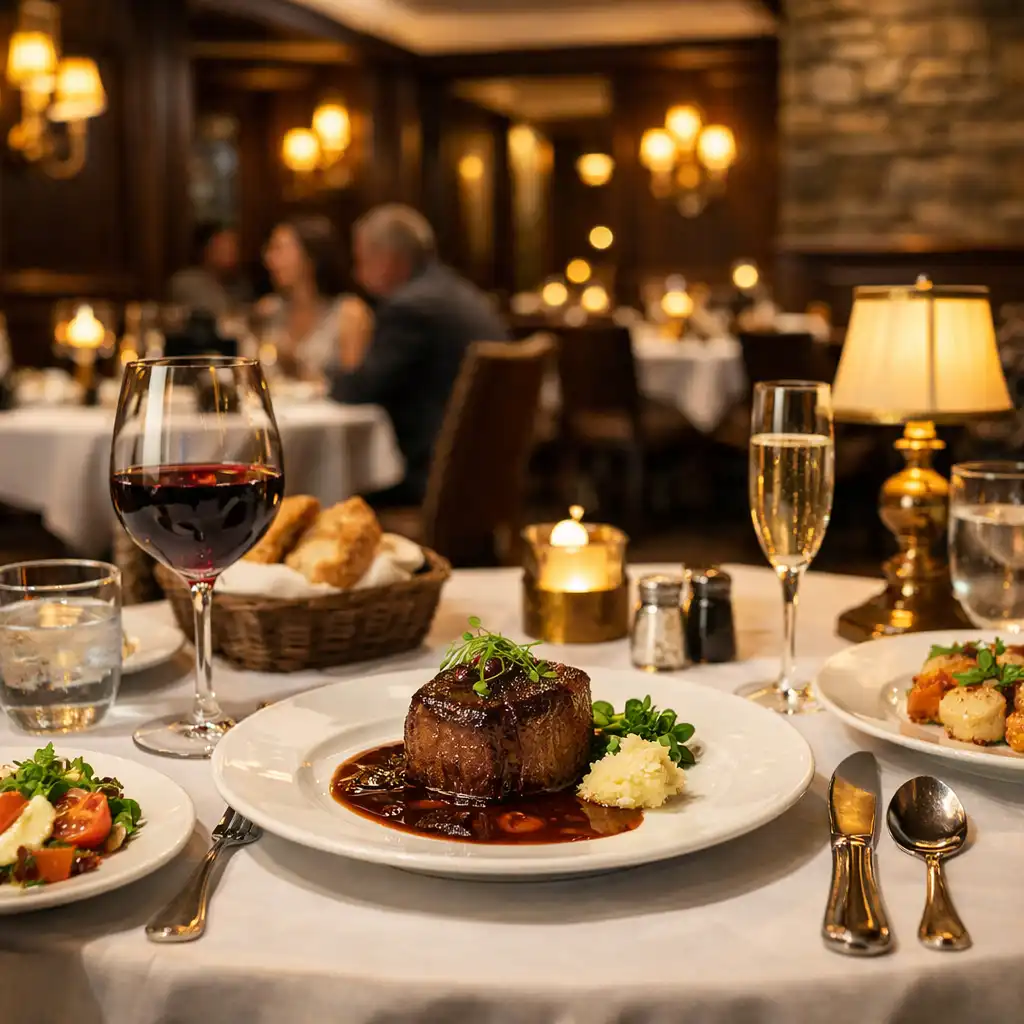 Elegant table setting in the signature restaurant with dark wood panelling and warm ambient lighting