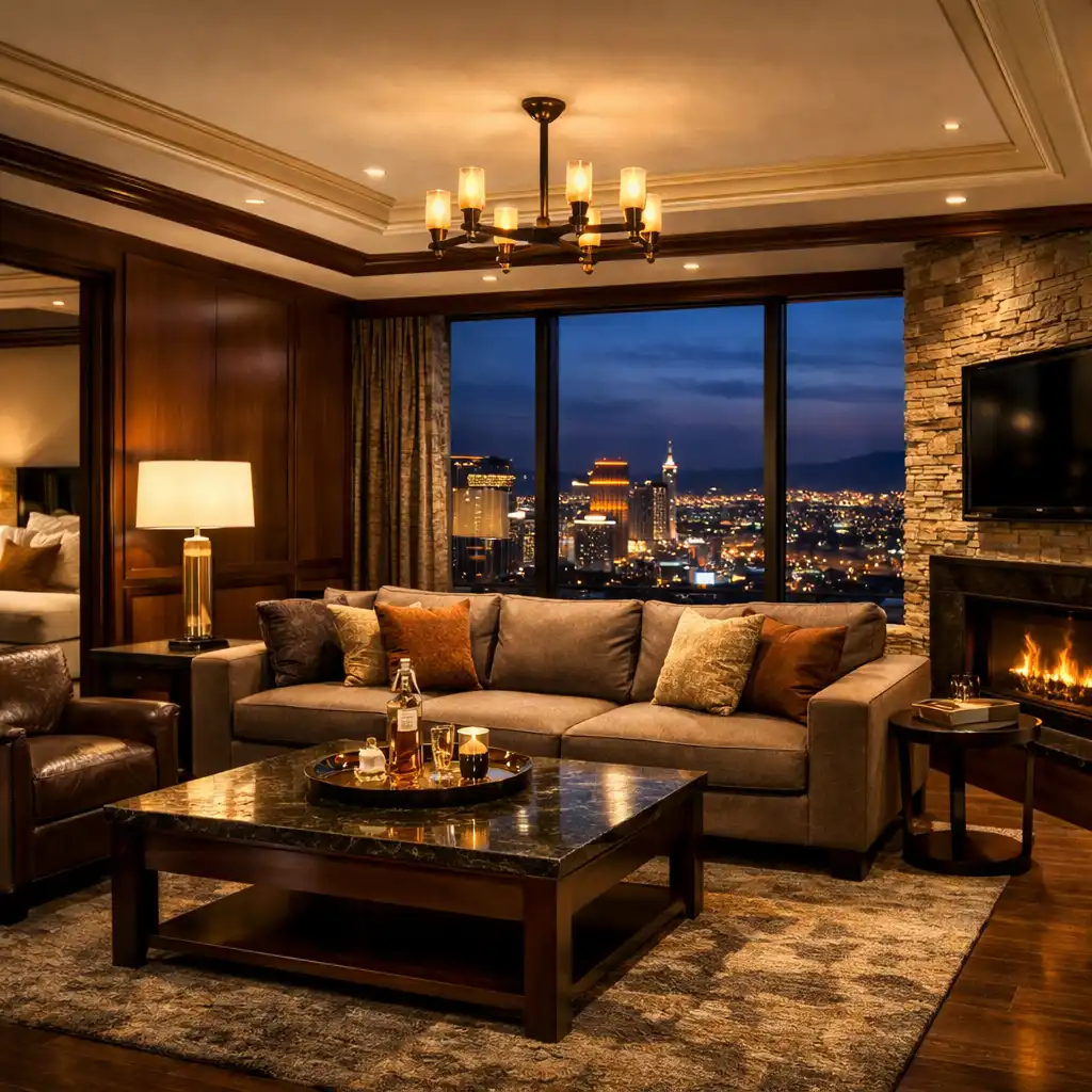Spacious suite with separate living area, sofa, coffee table, and city views through large windows