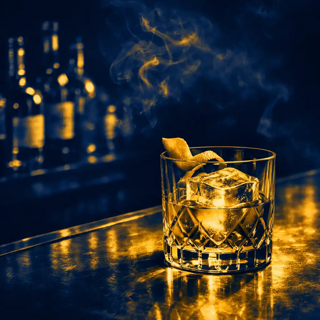 A craft cocktail in a crystal glass with a large ice cube and citrus twist on a brass bar top