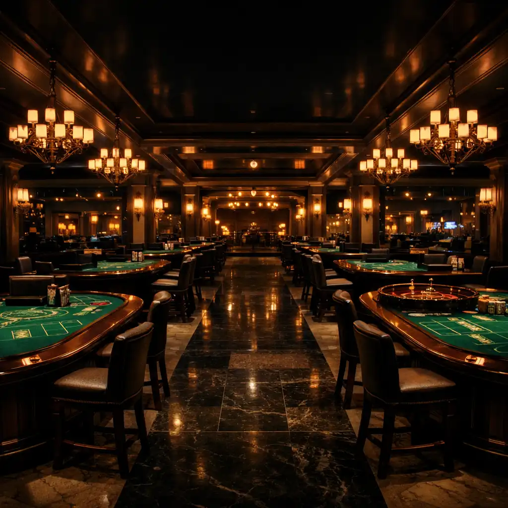 Wide view of the Ace Fold Casino Resort casino floor with blackjack and roulette tables, polished stone floors, and brass light fixtures
