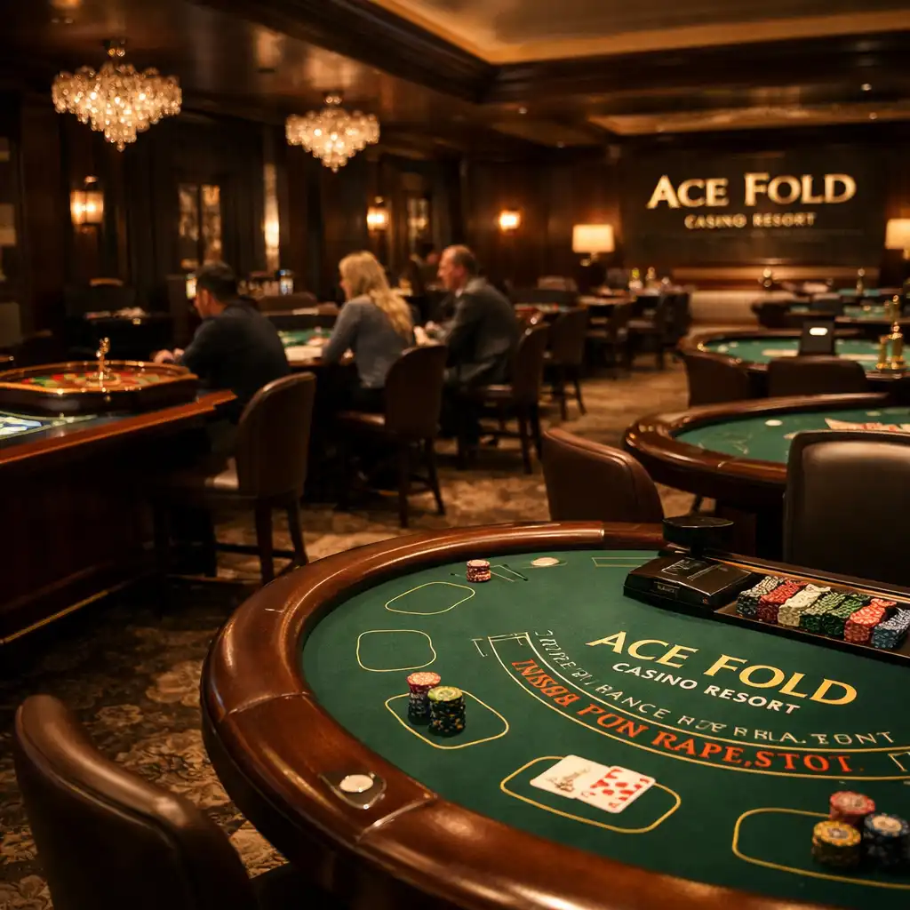 Casino floor with blackjack and roulette tables in an elegant, warmly lit setting