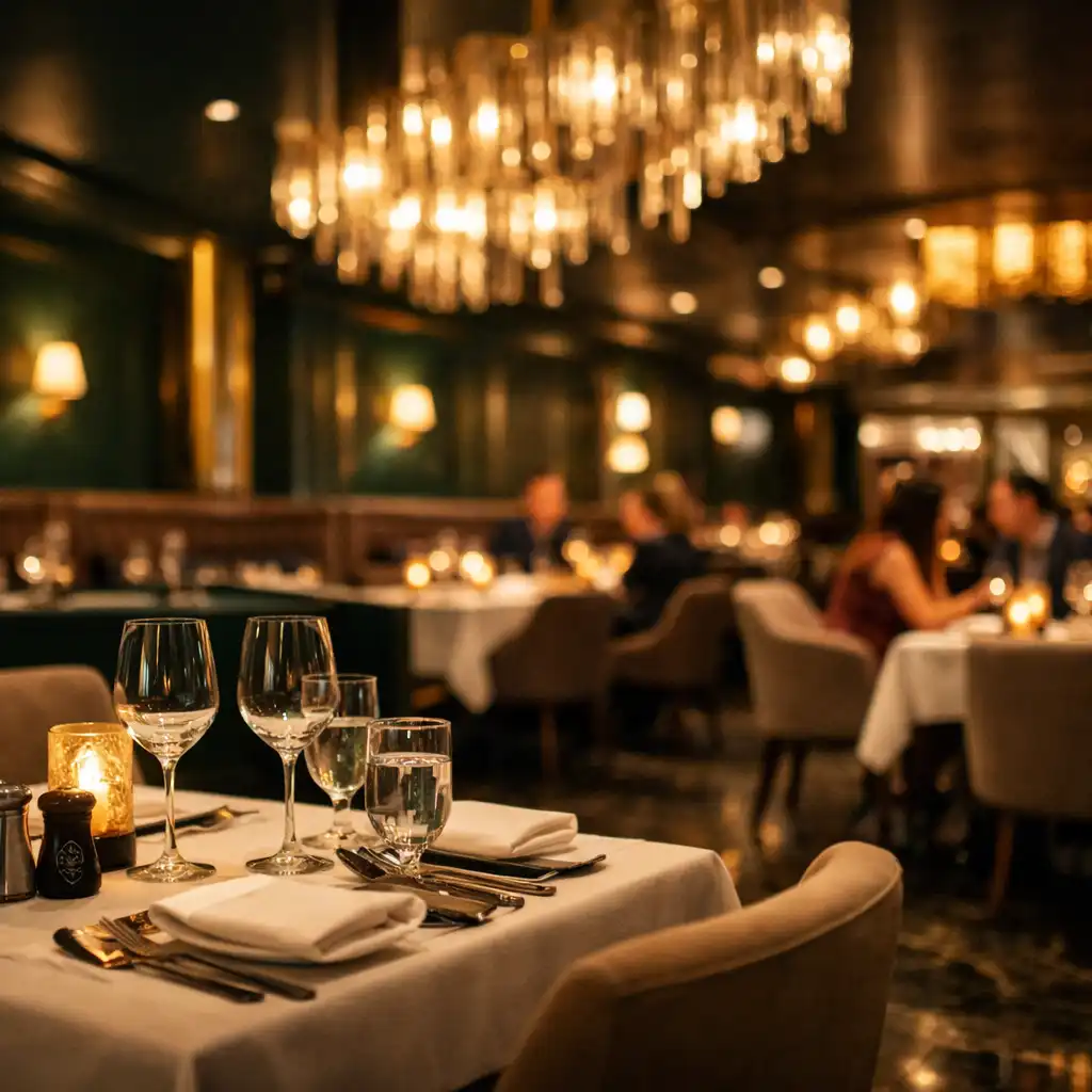 Fine dining restaurant with elegant table settings, dark green walls, and warm pendant lighting