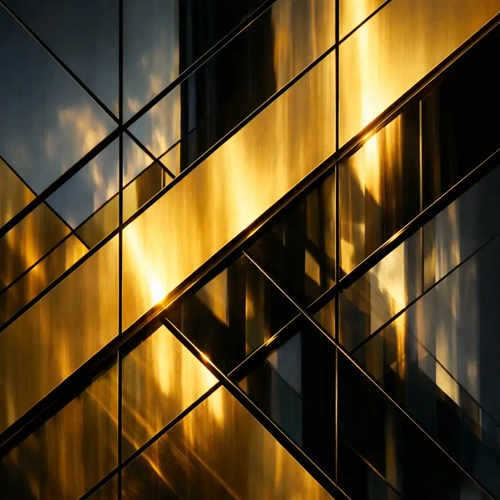Architectural detail of dark glass and brass metal panels on the resort facade