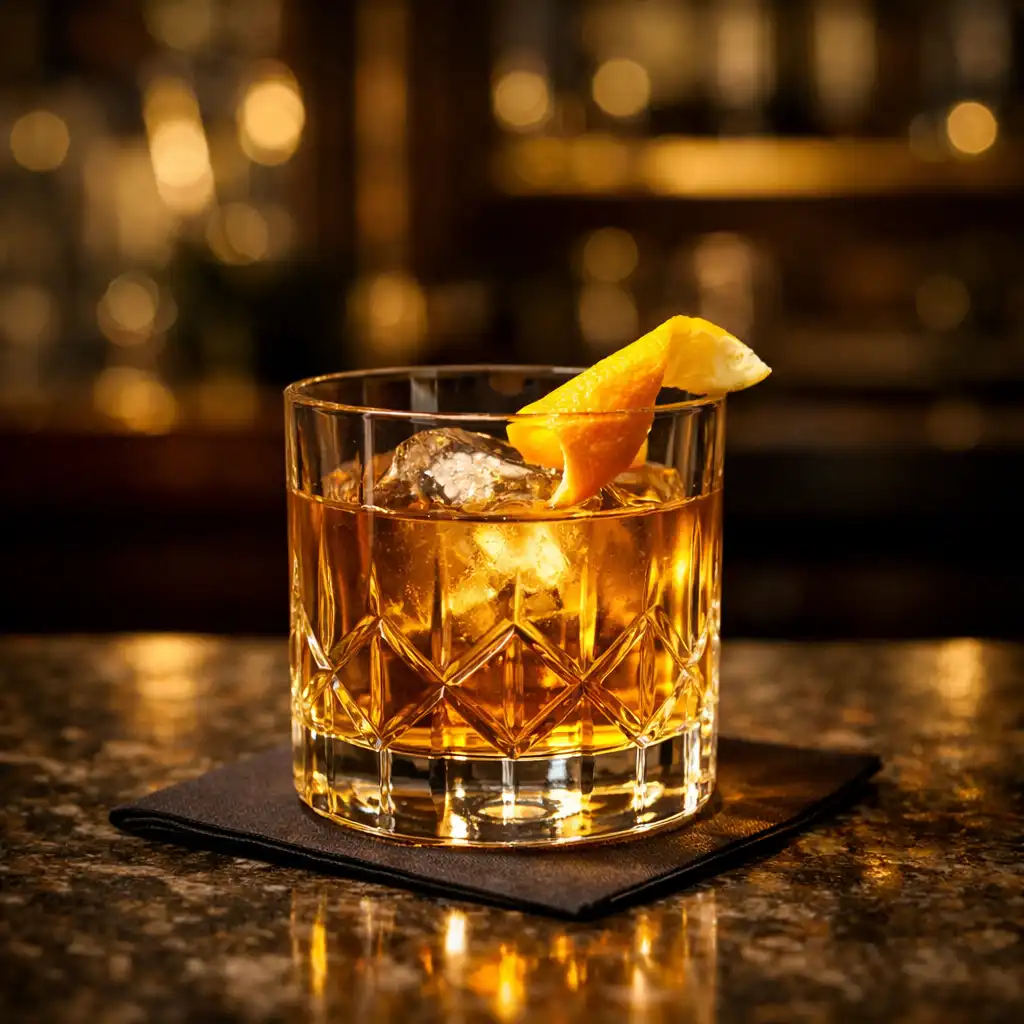 Signature cocktail in a crystal glass on a polished stone bar top
