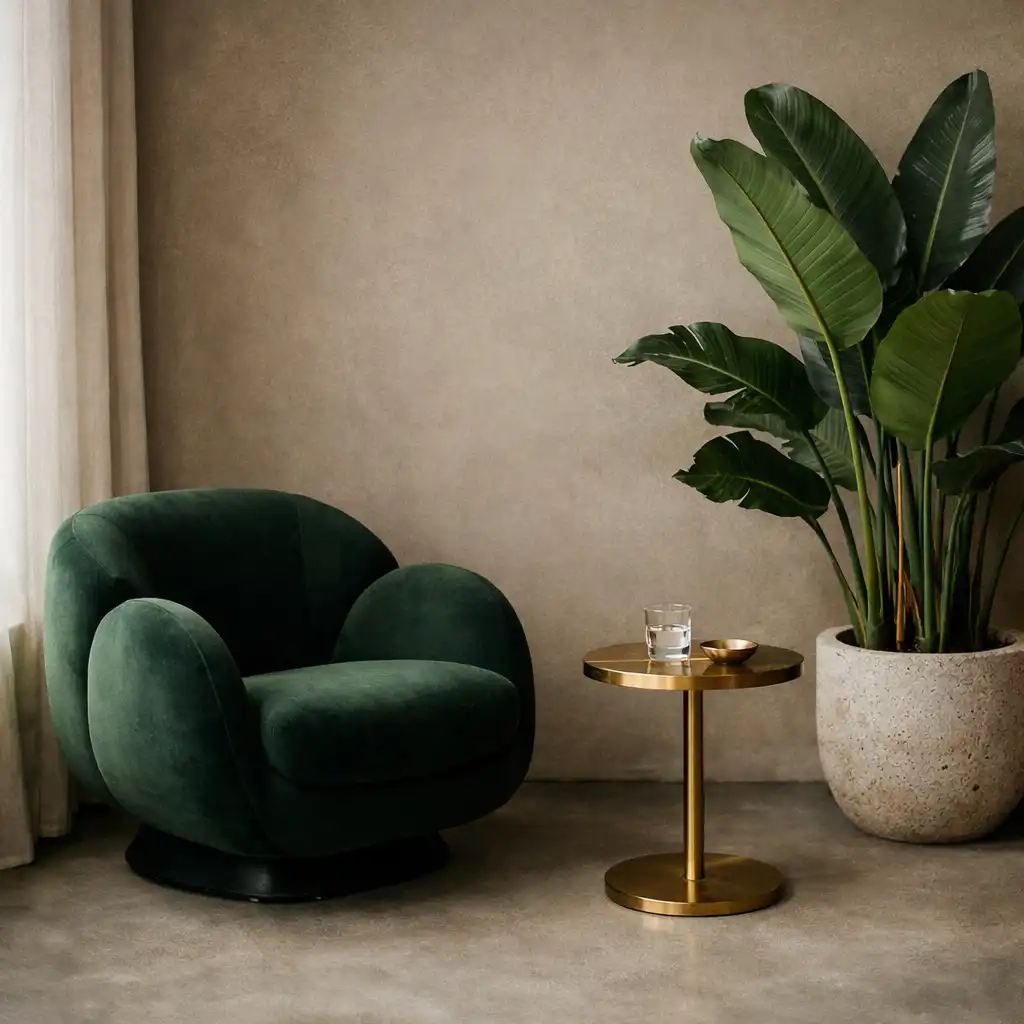 Quiet lobby corner with a green velvet armchair, brass side table, and potted plant