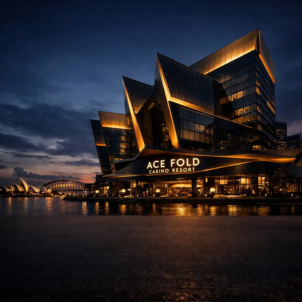 Ace Fold Casino Resort exterior at dusk with dark glass facades and brass accents against the Sydney skyline