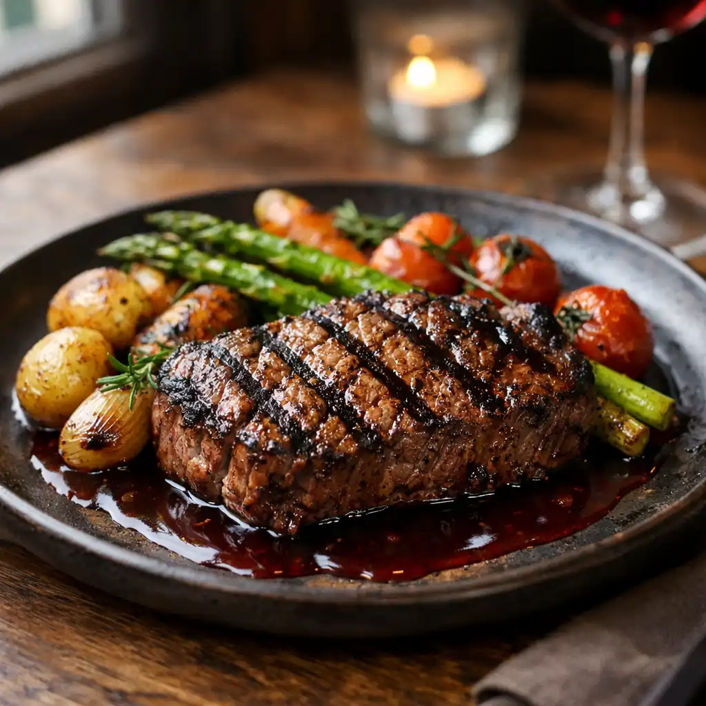 A beautifully plated grilled steak with char marks, roasted vegetables, and red wine jus on a dark ceramic plate