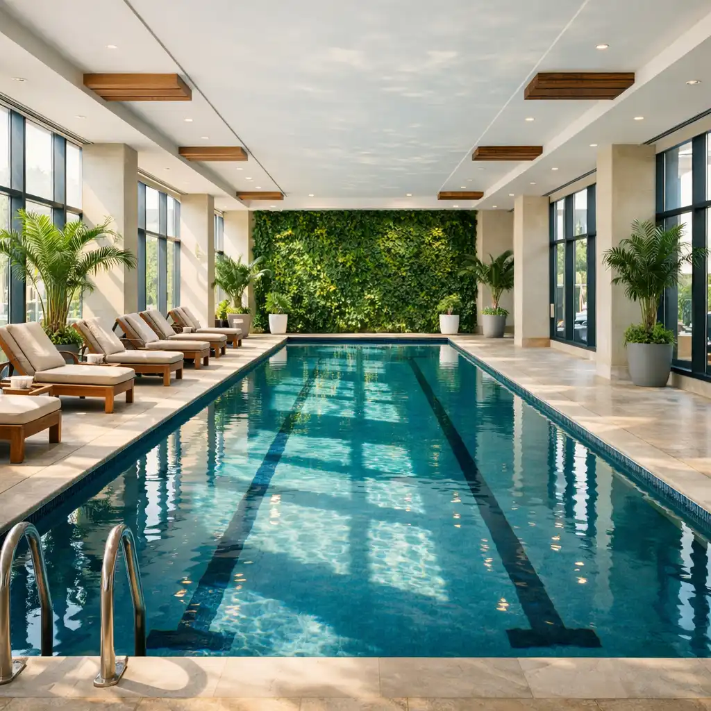 Indoor pool with calm reflective water, floor-to-ceiling windows, and lounge chairs