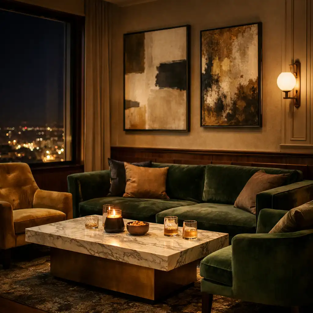 Private lounge with plush green velvet seating, marble coffee table, and city lights through a large window