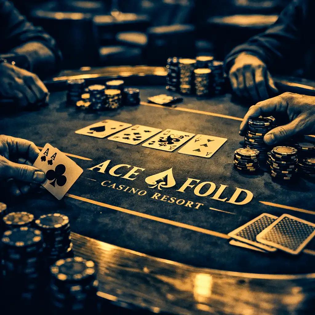 Close-up of a poker table in the Ace Fold Casino Resort poker lounge with players' hands, chips, and cards