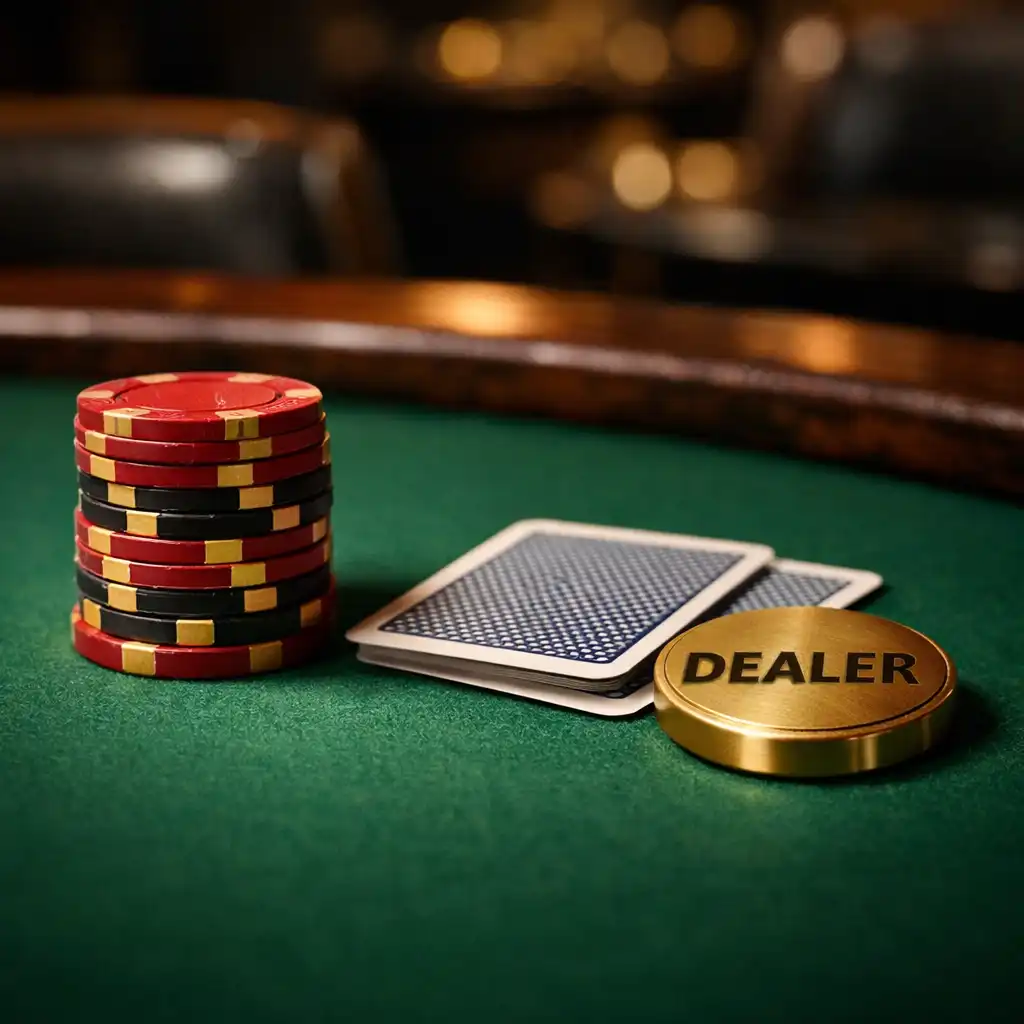 Close-up of a poker table with stacked clay chips, playing cards, and a brass dealer button